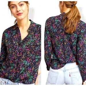 EUC Maeve by Anthropologie Black Ditzy Floral Button Down Collared Shirt Sz 14